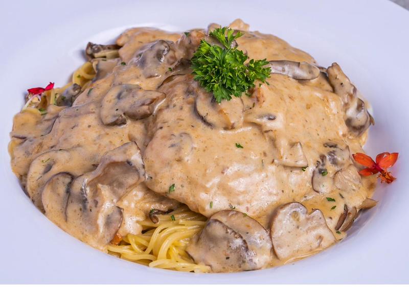 Chicken in mushroom sauce over pasta at Sami's on Marco Island
