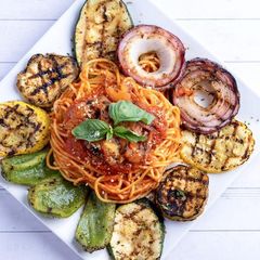 Grilled vegetable platter with spaghetti at Sami's on Marco Island